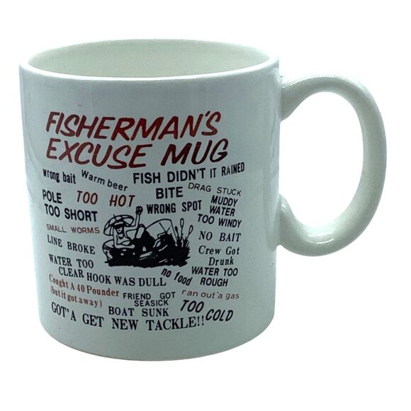 Vtg Fishermans Excuse Mug White Ceramic 11 oz Coffee Cup 3.5” Humor Novelty - Picture 1 of 7